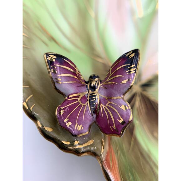 Chubu China Gold Trimmed Green Leaf Trinket Dish Purple Butterfly Flower VTG - Picture 2 of 8